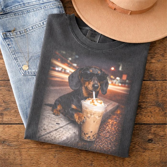 Dachshund Drinking Iced Coffee Tee